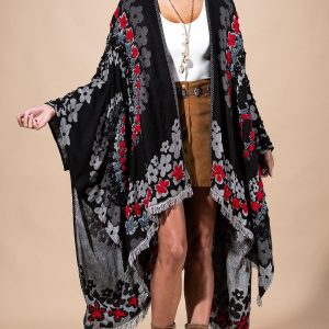Black Floral Ruana Made In India: Women's Embroidered