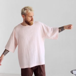 Mens Linen T Shirt Oversize Wide Sleeve For