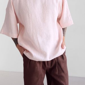 Mens Linen T Shirt Oversize Wide Sleeve For