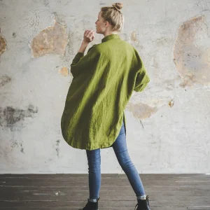 Moss Green Linen Shirt: Kimono Sleeve Retro Style