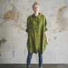 Moss Green Linen Shirt: Kimono Sleeve Retro Style