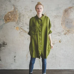 Moss Green Linen Shirt: Kimono Sleeve Retro Style