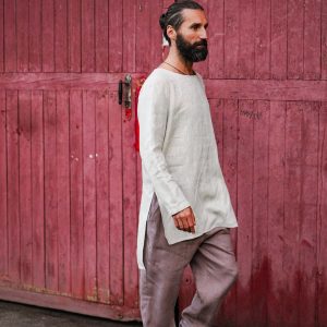 Linen T Shirt With Side Slits Men's Basic