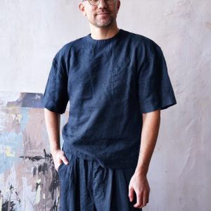 Mens Linen T Shirt Oversized Black Wide Sleeve