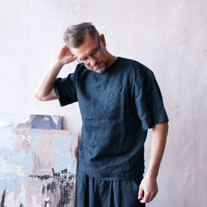 Mens Linen T Shirt Oversized Black Wide Sleeve