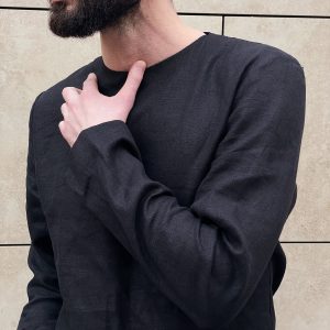 Mens Linen T Shirt Narrow Neck Long Sleeve