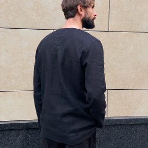 Mens Linen T Shirt Narrow Neck Long Sleeve