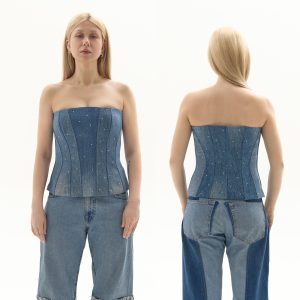 Upcycled Denim Corset Top: Steel Boned Rhinestone Bustier