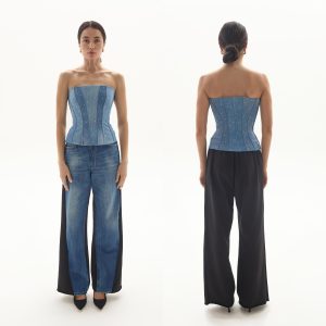 Upcycled Denim Corset Top: Steel Boned Rhinestone Bustier