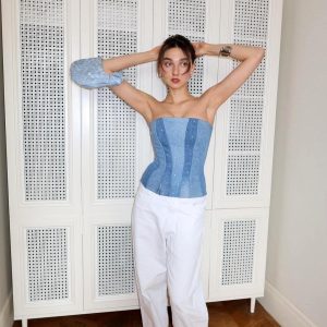 Upcycled Denim Corset Top: Steel Boned Rhinestone Bustier