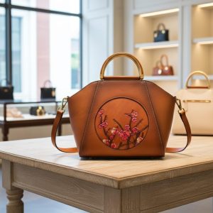 Cherry Blossom Cowhide Handbag Vintage Brown Leather Top