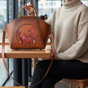 Cherry Blossom Cowhide Handbag Vintage Brown Leather Top