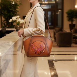 Cherry Blossom Cowhide Handbag Vintage Brown Leather Top